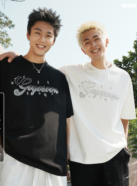 GOGOSOON夏季新款短袖T恤260g男生字母烫钻圆领速干凉感半袖上衣Q