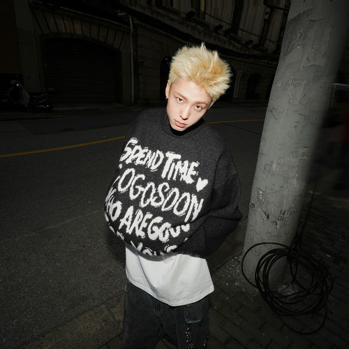 GOGOSOON冬季毛衣新款北极绒重磅圆领字母提花百搭男针织衫潮Q