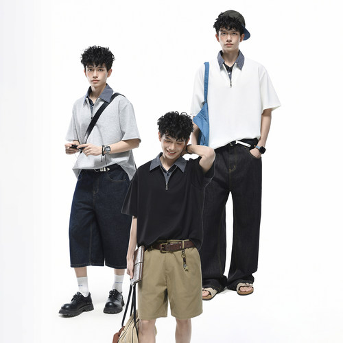 GOGOSOON 260g 假两件短袖Polo衫男 夏季撞色格纹领拼接半拉链T恤
