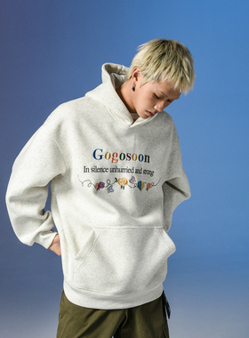 张桂源同款GOGOSOON潮牌刺绣连帽卫衣男春秋新款带帽美式重磅加绒