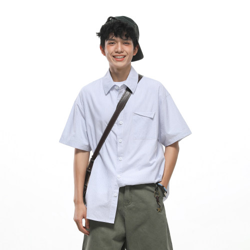 GOGOSOON 100%棉105g色织条纹 轻薄美式休闲宽松落肩短袖衬衫男夏