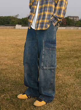 GOGOSOON工装牛仔裤男春秋新款松紧腰高级直筒宽松美式抽绳青少年