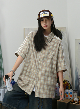 夏季新款短袖衬衫色织格子布复古学院风男翻领单排扣半袖Q
