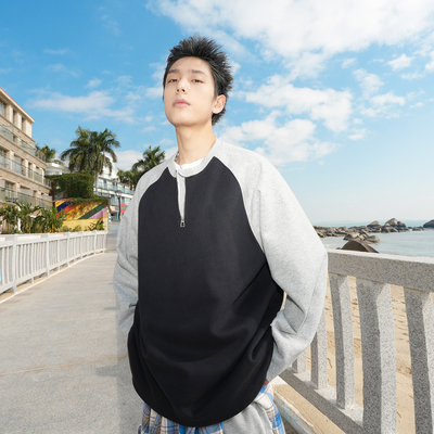 GOGOSOON男生黑灰圆领套头拼色卫衣370g春秋装青少年感休闲宽松Q