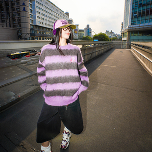 吴宇恒同款 GOGOSOON马海毛条纹毛衣男新2025秋冬无帽圆领套头美式