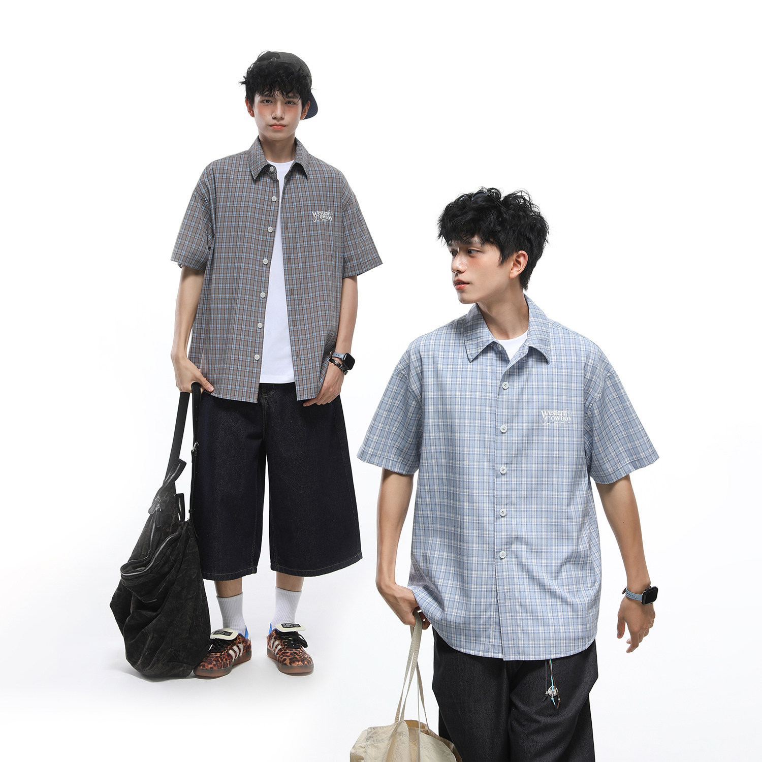 GOGOSOON 240g 格子短袖衬衫男夏季美式复古撞色小众设计宽松上衣图片