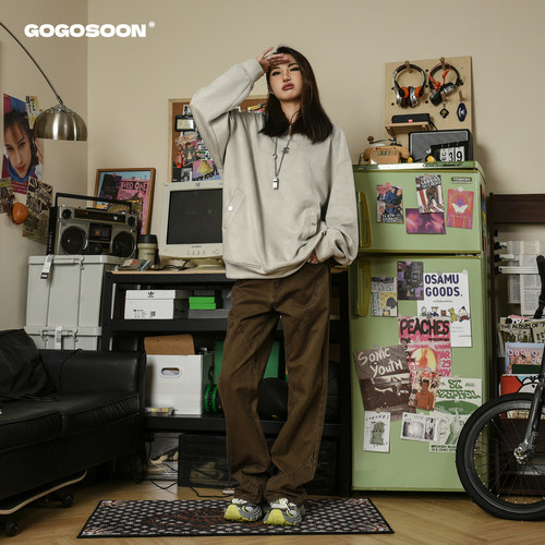 GOGOSOON 100%棉 美拉德休闲裤男春秋美式复古做旧直筒宽松工装长