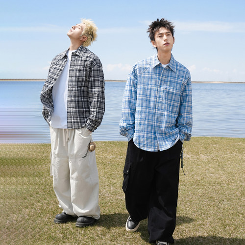 GOGOSOON长袖衬衫男生2026新款春秋翻领格子青少年宽松刺绣衬衣