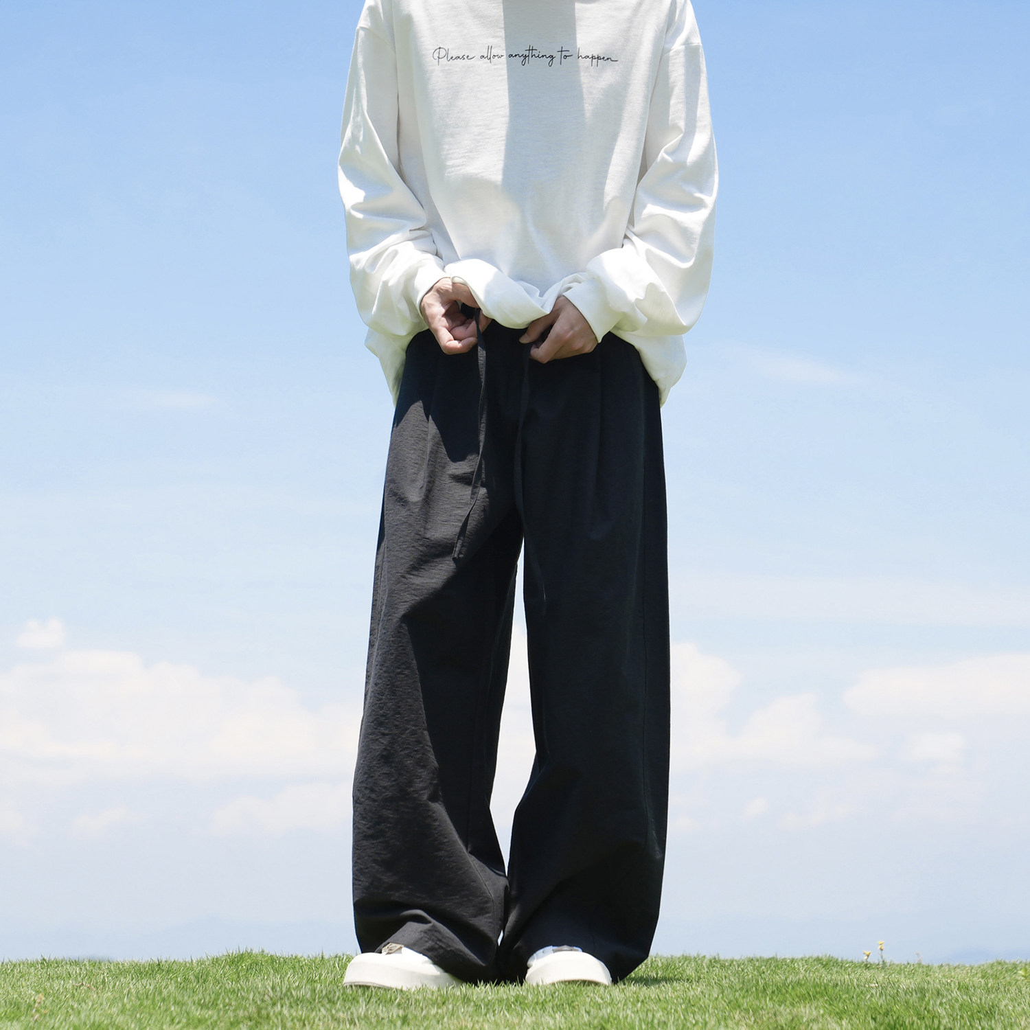 GOGOSOON  纯色阔腿休闲裤男春秋青少年宽松慵懒垂感系带长裤子潮