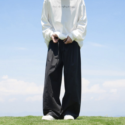 GOGOSOON  纯色阔腿休闲裤男春秋青少年宽松慵懒垂感系带长裤子潮