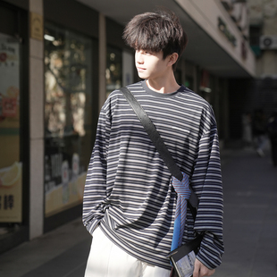 GOGOSOON新街风条纹刺绣长袖 春秋休闲百搭复古宽松 T恤男2026新款