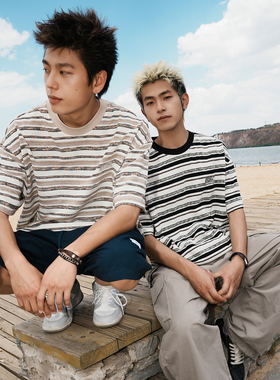 GOGOSOON夏季新款撞色条纹短袖T恤270g男生logo刺绣美式宽松半袖Q