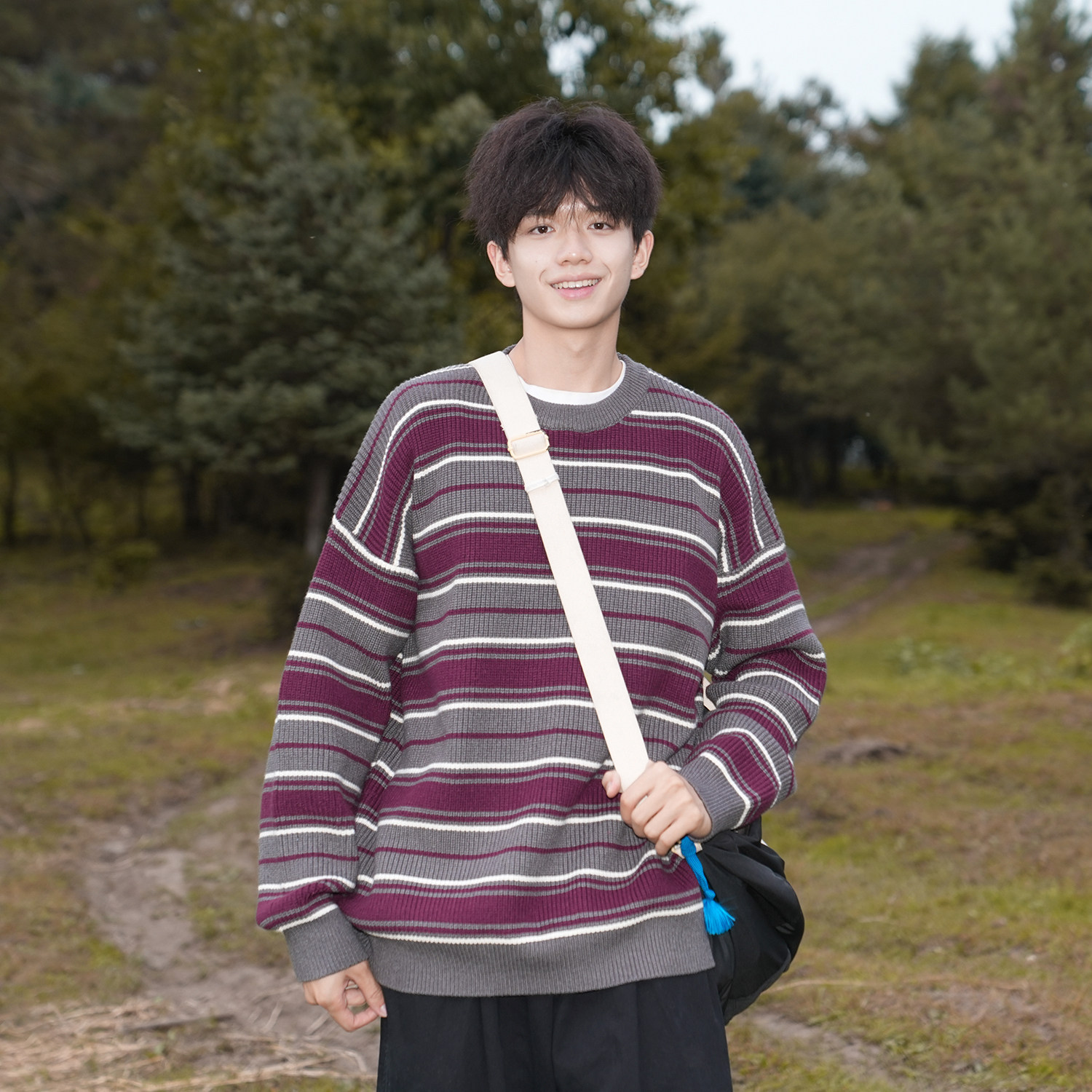 GOGOSOON条纹毛衣男新款2025秋冬简约百搭复古宽松圆领套头青少年,男装,针织衫/毛衣,淘宝优惠券,粉丝福利购,淘宝优惠卷