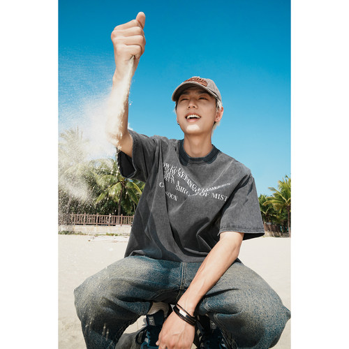 【100%棉280g重磅双纱做旧水洗】男装高级感短袖t恤美式上衣夏季