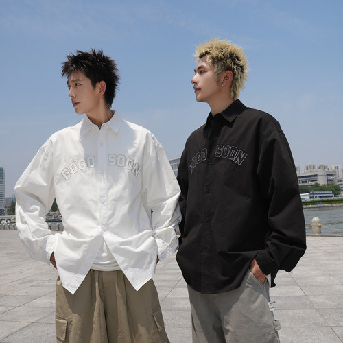 GOGOSOON衬衫男210g新款春秋宽松休闲高级感字母贴布绣百搭外套Q