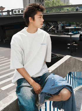 GOGOSOON夏季新款圆领短袖T恤300g男生字母印花百搭宽松半袖上衣Q