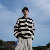 GOGOSOON黑白条纹毛衣男800g秋冬新款 外套polo衫 套头内搭高级感厚