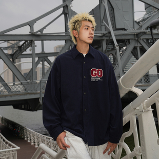 春秋翻领华夫格字母毛巾绣宽松衬衣Q 男220g新款 GOGOSOON长袖 衬衫