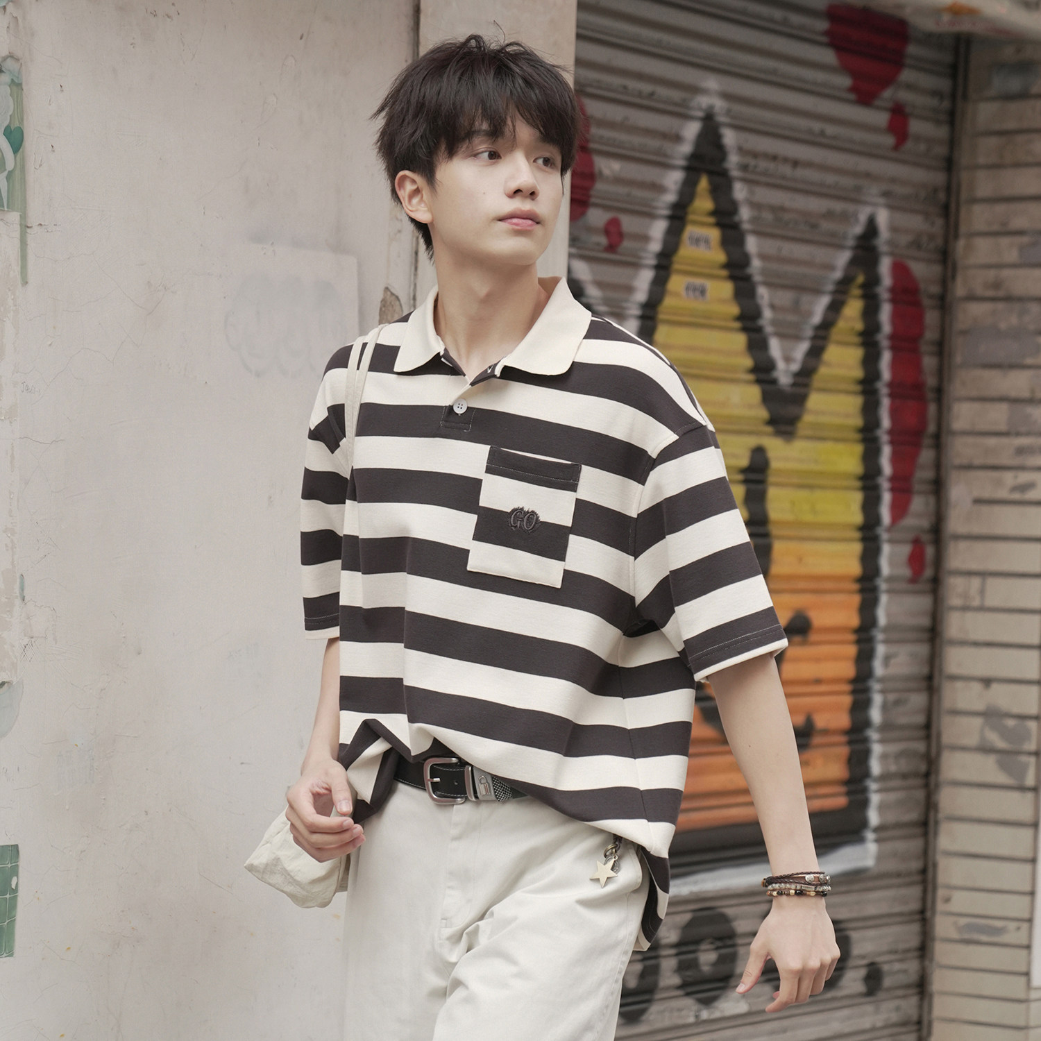 【旗间格250g】男装横条纹短袖POLO衫T恤口袋刺绣宽松休闲款夏季