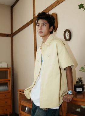 GOGOSOON夏季新款短袖衬衫250g全棉翻领男生青少年宽松休闲衬衣Q