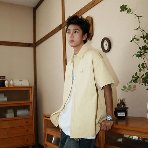 GOGOSOON夏季新款短袖衬衫250g全棉翻领男生青少年宽松休闲衬衣Q