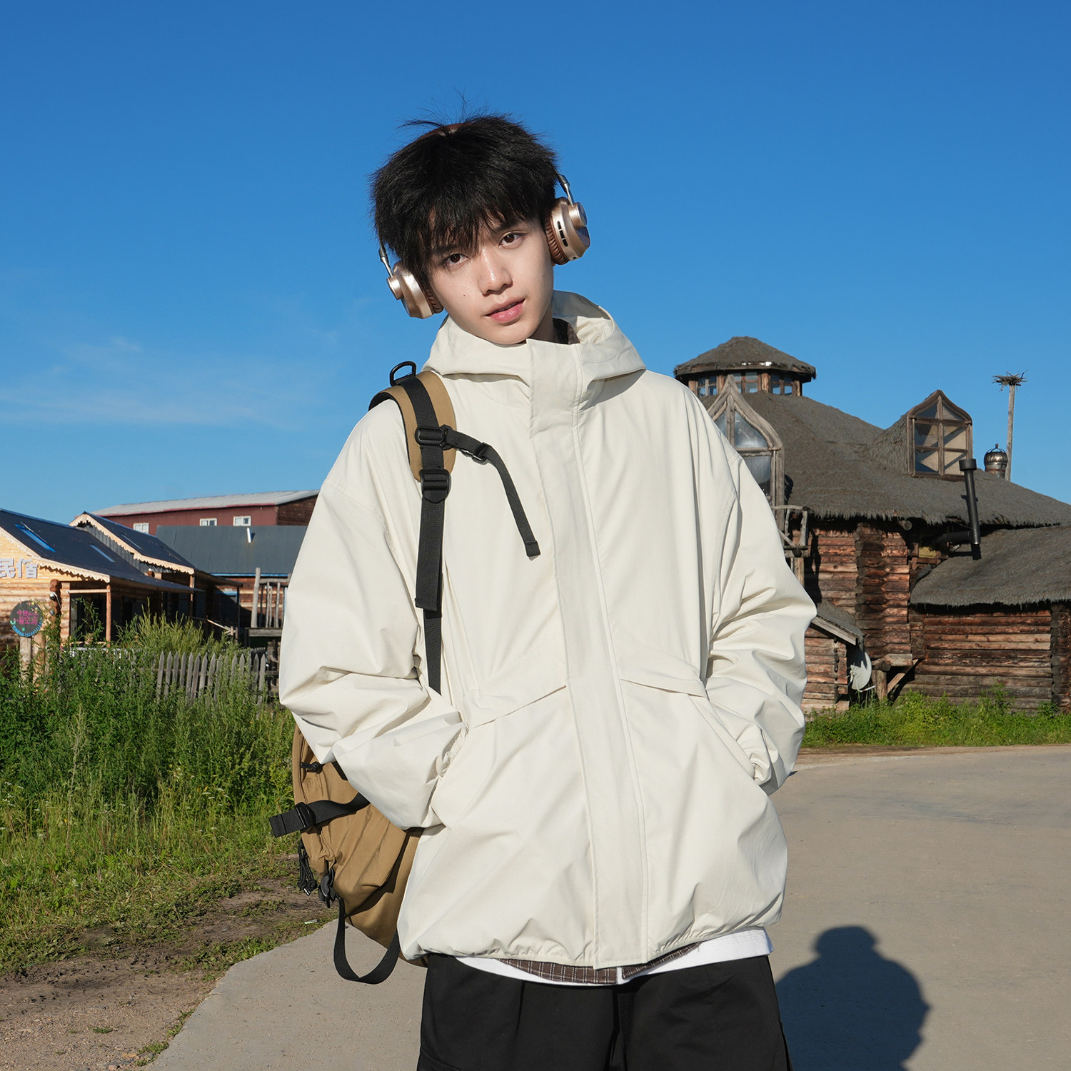 GOGOSOON 130g 宽松外套男春秋连帽夹克青少年纯色复古百搭潮流图片