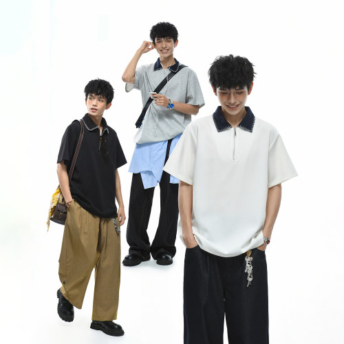 【260g重磅】男装明线撞色翻领拉链Polo衫宽松正肩短袖T恤上衣夏