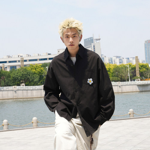 GOGOSOON长袖衬衫男210g新款春秋可拆卸刺绣小花简约百搭外套Q