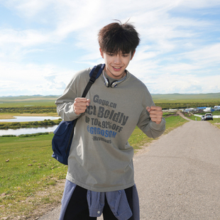 印花上衣复古宽松打底衫 春秋美式 潮流 T恤男280g新款 GOGOSOON长袖