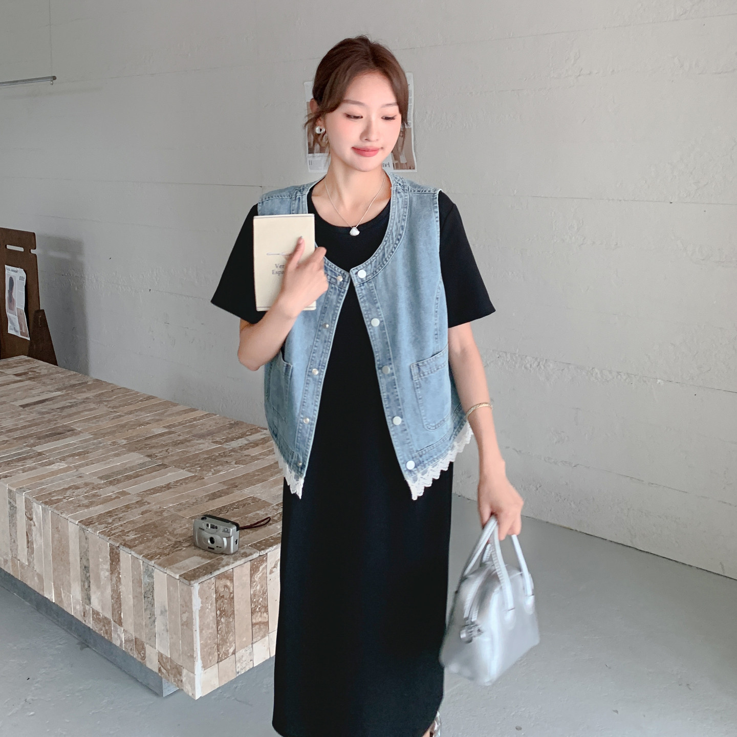 法式黑色连衣裙套装女夏小个子休闲减龄牛仔马甲黑色T恤裙两件套,女装套装/套裙,西子