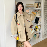 设计感米奇图案工装短外套女2025春秋季新款韩系宽松翻领夹克上衣，女装风衣，西子