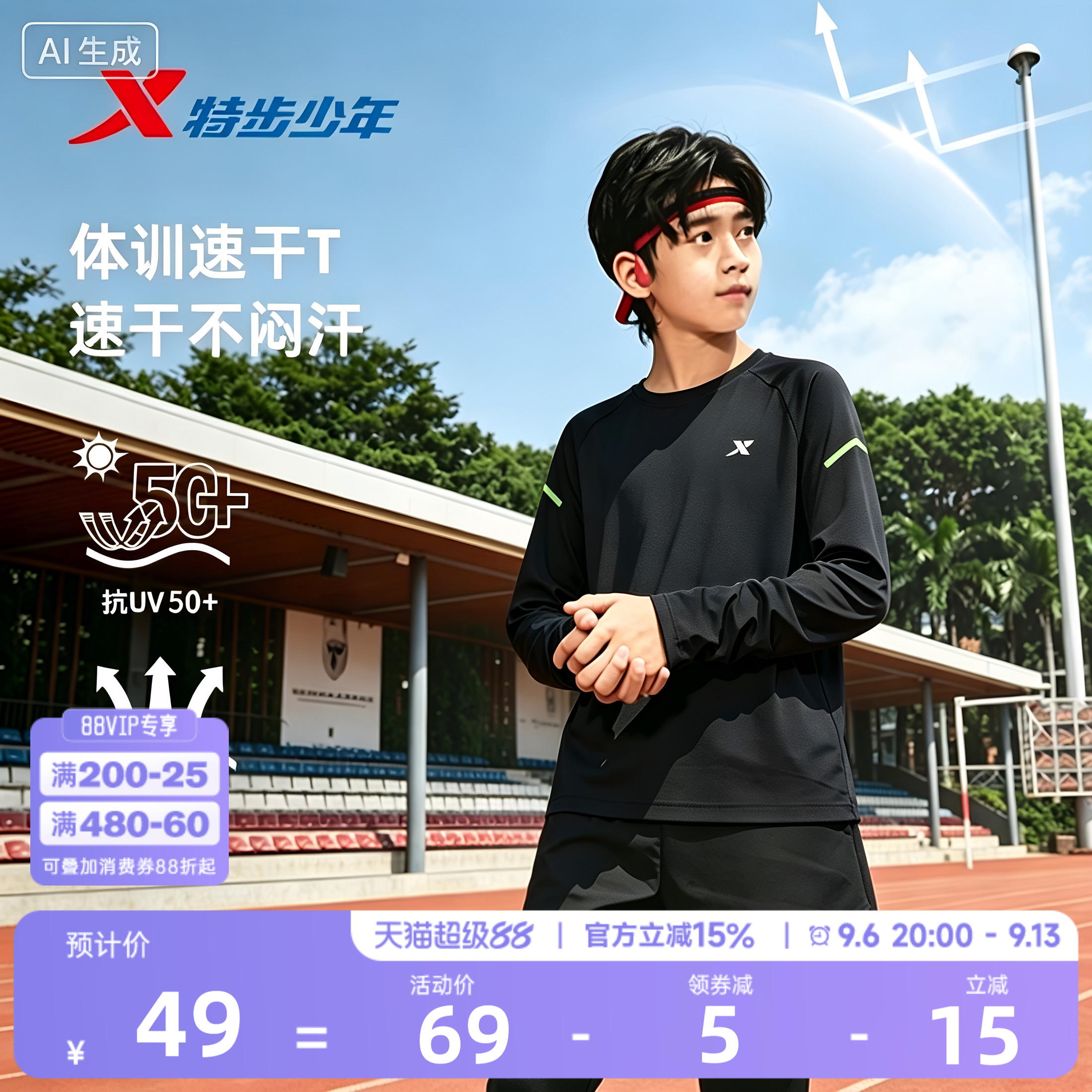 特步童装男童秋上衣儿童长袖速干T恤中大童薄款上衣男童防晒运动t