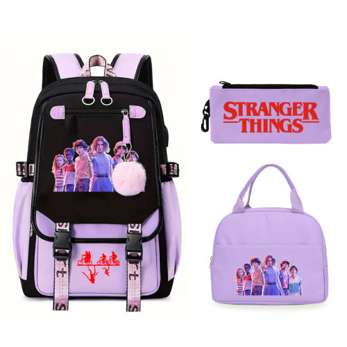 stranger things周边印花儿童背包三件套潮流学生休闲书包