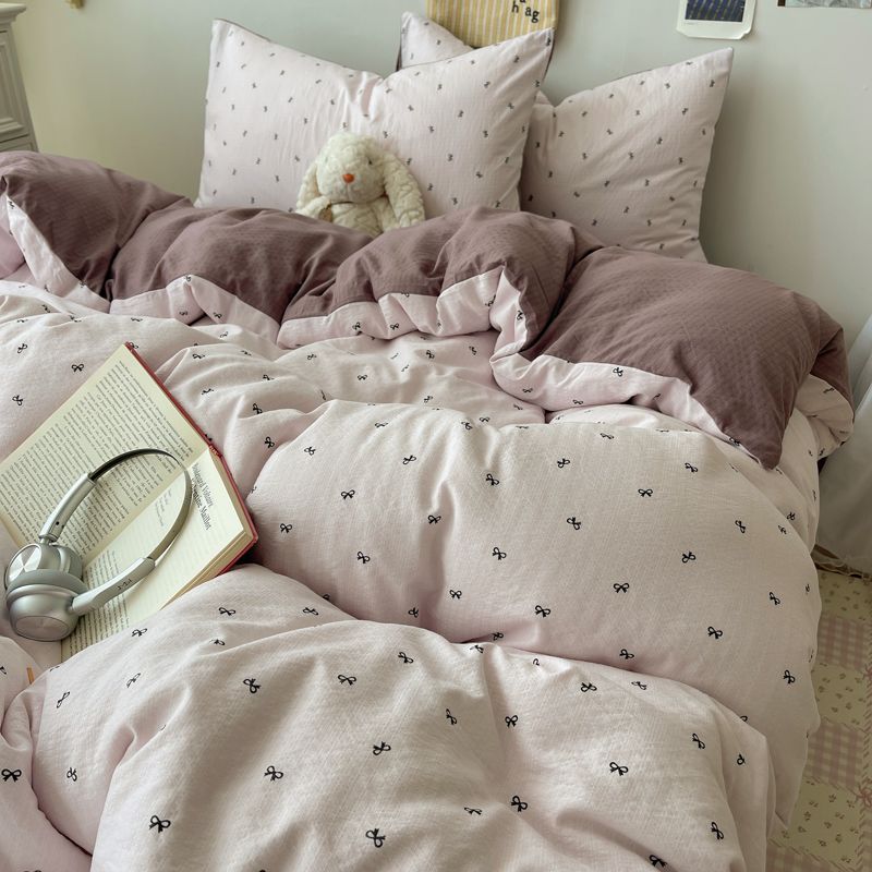 ins韩式紫色蝴蝶结双层纱床品水洗棉被套四件套床单笠宿舍三件套