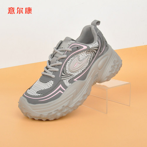 意尔康真皮厚底老爹鞋女2024秋季新款榴莲底软底网面运动休闲鞋