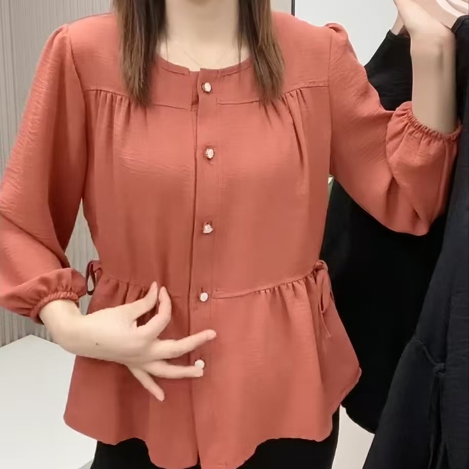 2025新款时尚洋气高级雪纺小衫中袖收腰遮肚子上衣八分袖衬衫女