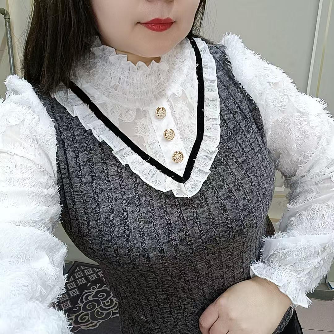 2025秋冬新款木耳花边拼接假两件衬衫显瘦洋气质减龄上衣打底衫女