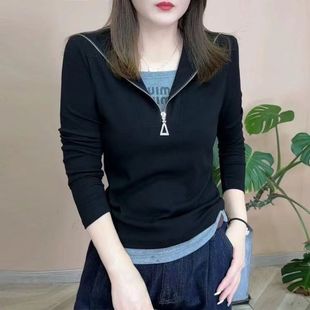 拉链显瘦套头上衣 新款 高档假两件拉链字母领长袖 卫衣女2025春秋季