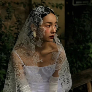 cheli 丘林手作复古蕾丝镂空新娘结婚影楼拍照头纱披肩凹造型头饰