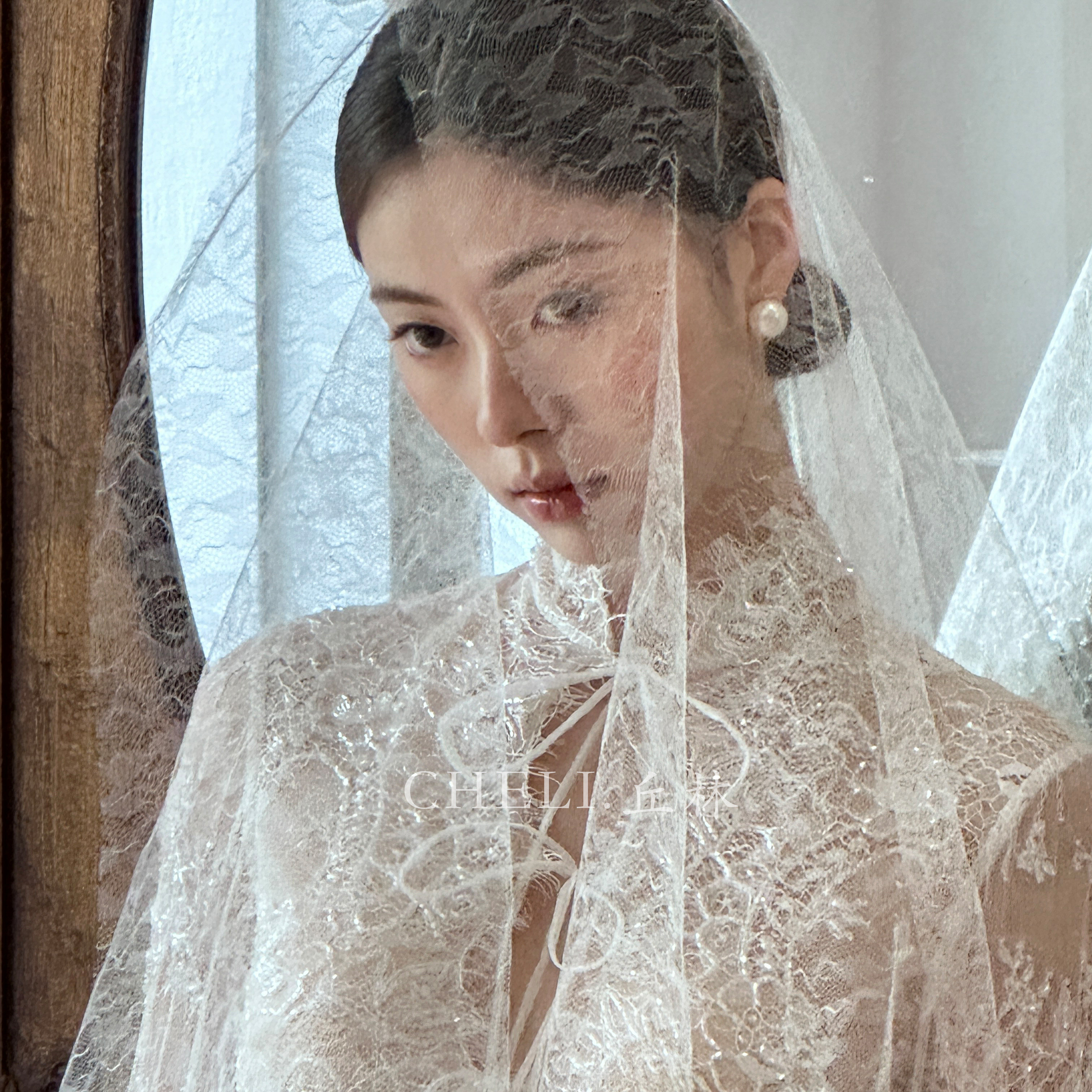 cheli丘林小众进口轻盈蕾丝花纹超透软纱新娘结婚领证跟妆头饰
