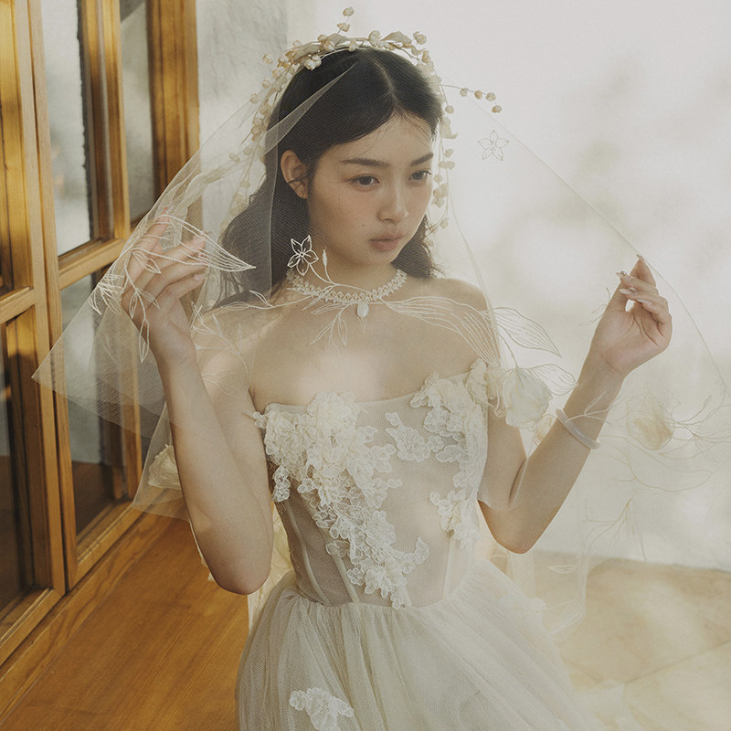 cheli丘林原创手作铃兰花环花瓣新娘结婚森系发饰摄影头纱配饰