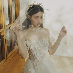 cheli丘林原创手作铃兰花环花瓣新娘结婚森系发饰摄影头纱配饰