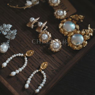 cheli丘林小众中古风vintage复古宫廷珍珠耳环法式金属古着耳饰