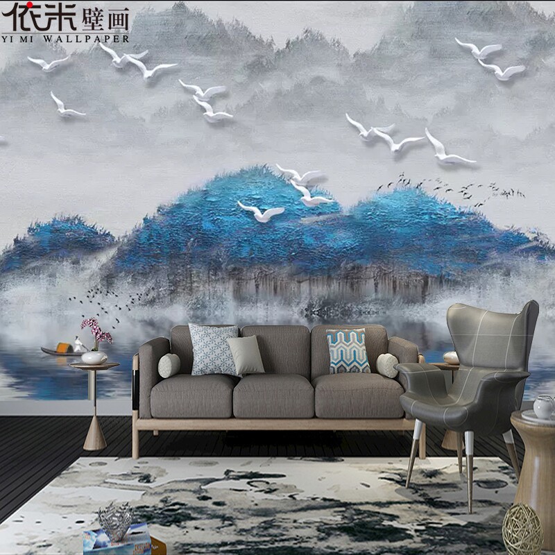 3D新中式个性抽象水墨山水壁纸定制壁画
