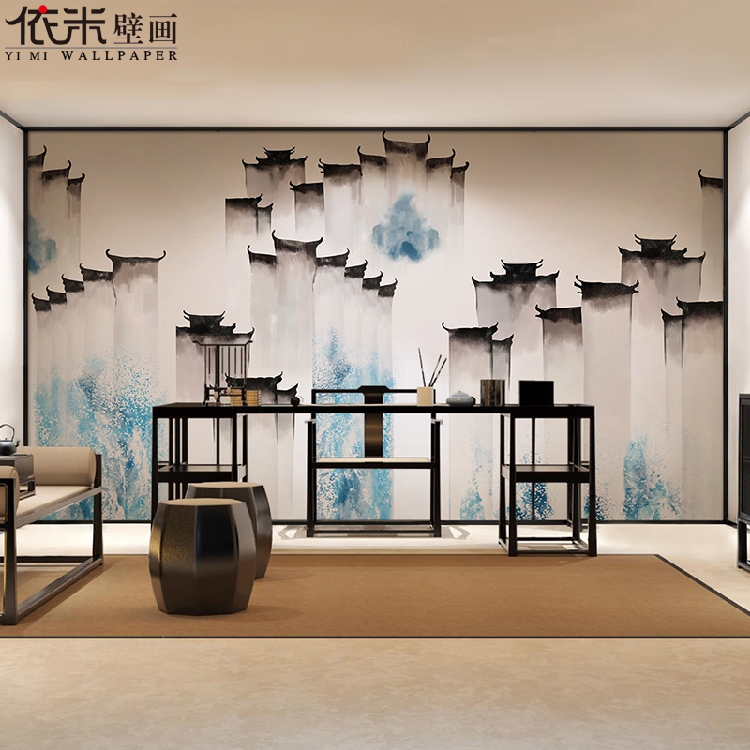 3d新中式背景墙壁画徽派马头墙建筑墙布餐厅酒店墙纸手绘水墨壁纸