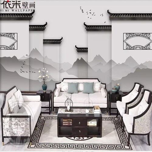 3d新中式徽派马头墙建筑水墨山水画壁纸客厅沙发背景墙纸壁画墙布