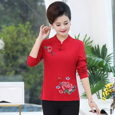 长袖复古绣花纯棉中国风打底衫