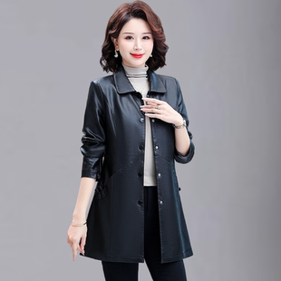 时尚气质PU皮中长款皮大衣外套中年女士妈妈洋气冬天开衫风衣