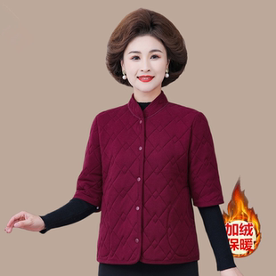 妈妈秋冬七分袖 加绒保暖立领轻薄小棉衣中老年女居家休闲棉服外穿