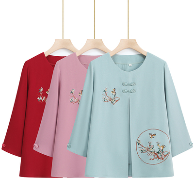 妈妈假两件绣花打底衫60-70岁